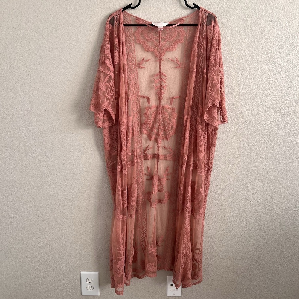Pink Sheer Lace Kimono Duster Scallop Floral Boho Fairy Festival Long
